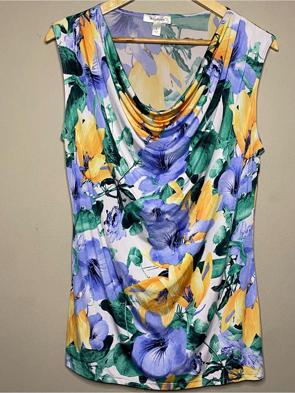dressbarn Sleeveless Floral Blouse Women Blue Yellow Green Draped Cowl Neck